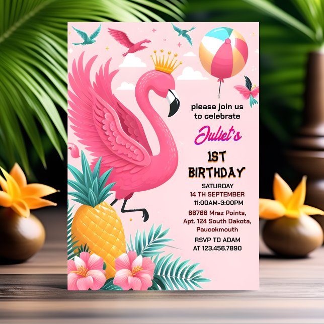 sol Luau Fly Rosa Flamingo Bassäng Party 1:a födel Inbjudningar (Skapare uppladdad)