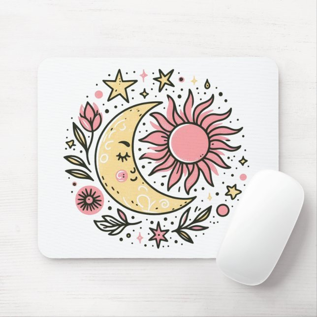 Sol Måne Blommigt Rosa  Gult Zodiac Astrologisk  Musmatta (Med mus)