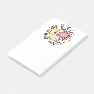 Sol Måne Blommigt Rosa Gult Zodiac Astrologisk Post-it Block