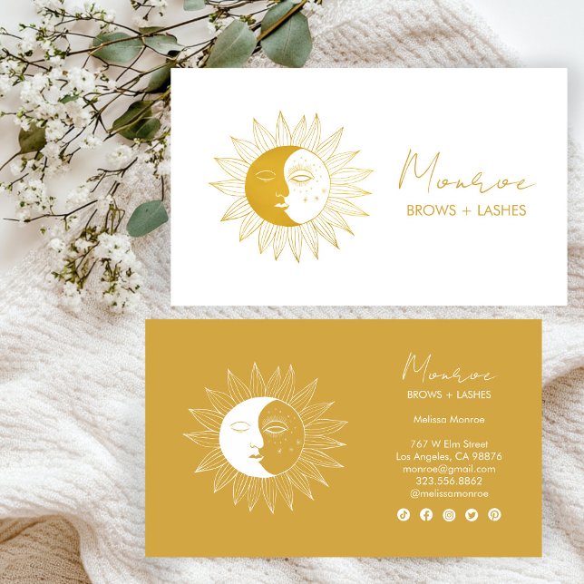 Sol & Måne Boho Line Art Elegant Guld Social Ikone Visitkort (Sun & Moon Boho Line Art Elegant Gold Social Icons Business Card
)