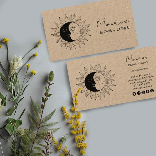 Sol & Måne Boho Line Art Elegant KRAFT Social Icon Visitkort (Boho drawing of moon and sun decorate these custom business cards with social icons. Fully editable)