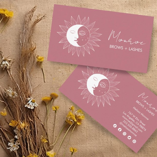 Sol & Måne Boho Line Art Elegant Mauve Social Icon Visitkort (Boho moons and suns on mauve pink. Customize these business cards and edit the social icons too!)