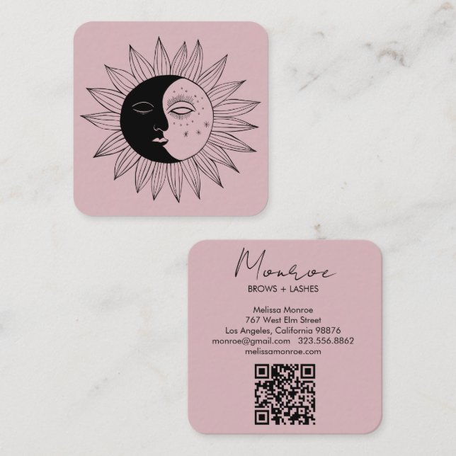 Sol & Måne Boho Line Art Elegant QR Code Rosa Fyrkantigt Visitkort (Fram/baksida)
