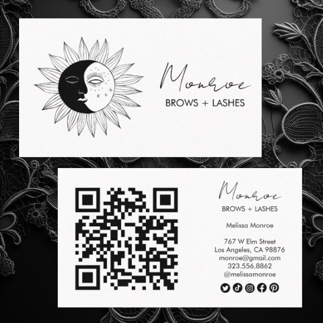 Sol & Måne Boho Line Art Elegant QR Social Icons Visitkort (Sun moon custom business card design with QR code and social media icons)