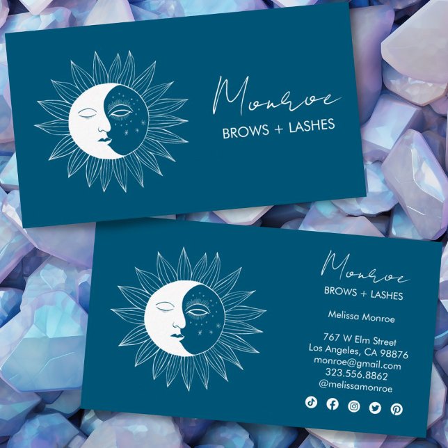 Sol & Måne Boho Line Art Elegant Teal Social Icons Visitkort (Make these business cards shine by adding your details and customizing the social media icons.)