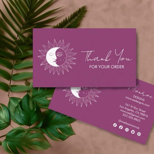 Sol & Måne Boho Social Icons Order Tack Berry Visitkort (Custom thank you for your order cards with a sun and moon illustration and social media icons)