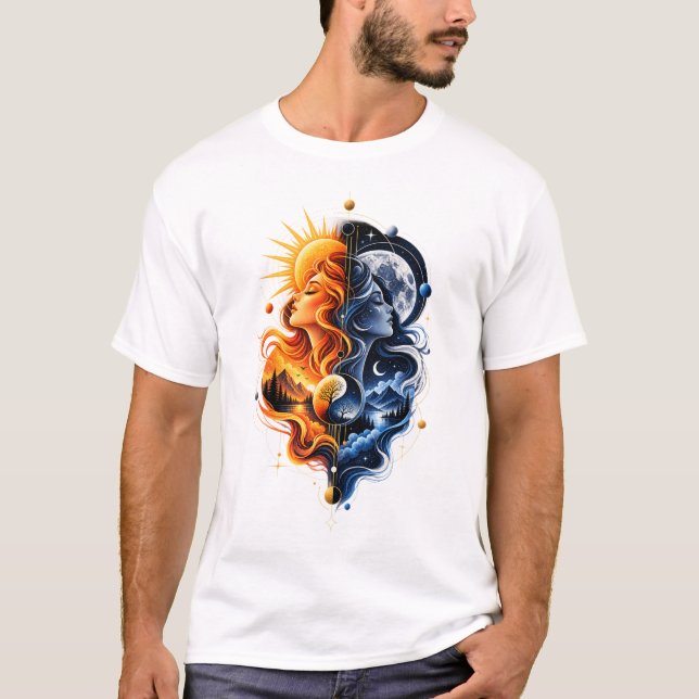 Sol Måne – Celestial Kosmisk Balans Design T Shirt (Framsida)