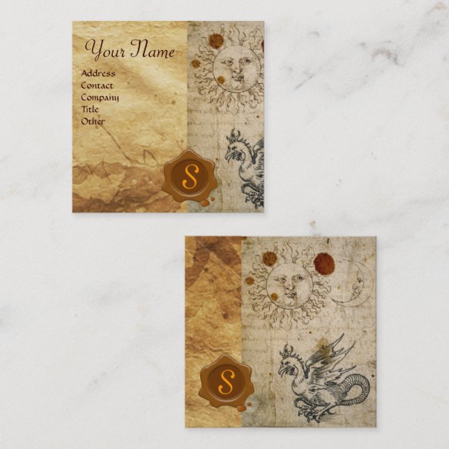 SOL, MÅNE och BASILISK BROWN VAX SEAL Monogram Fyrkantigt Visitkort (Fram/baksida)