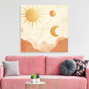 Sol Måne och Stjärnor Väggkonst – Celestial Boho D Canvastryck