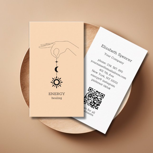 Sol Måne Persika QR-kod Namn Kort (Peach Hand Sun Moon Illustration QR Code Business Card. Modern Whimsical. )