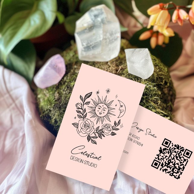 Sol Måne & Ro Magic Boho botaniska ANPASSNINGSBARN Visitkort (Sun Moon & Roses Magical Boho Botanical CUSTOM QR Business Card
)