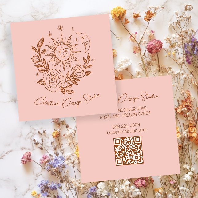 Sol Måne & Ro Magic Boho Earthy ANPASSNINGSBAR QR Fyrkantigt Visitkort (Sun Moon & Roses Magical Boho Earthy CUSTOM QR Square Business Card
)