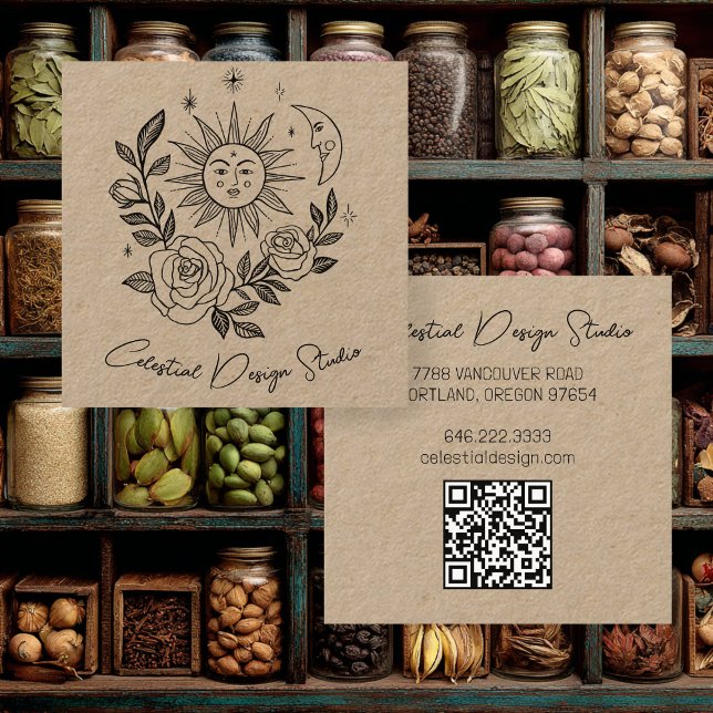 Sol Måne & Ro Magic Boho KRAFT ANPASSNINGSBAR QR Fyrkantigt Visitkort (Sun Moon & Roses Magical Boho KRAFT CUSTOM QR Square Business Card
)