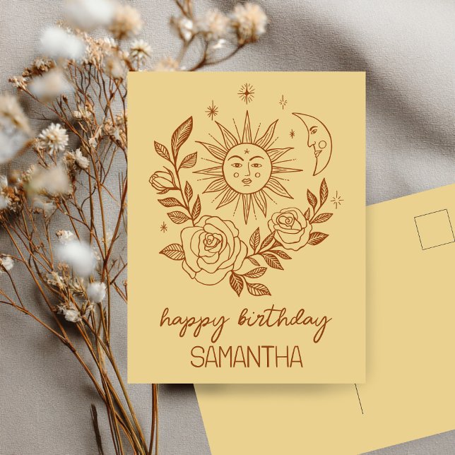 Sol Måne & Rosor Boho Magisk FÖDELSEDAGSNAMN Vykort (Sun Moon & Roses Boho Magical CUSTOM NAME BIRTHDAY Postcard
)
