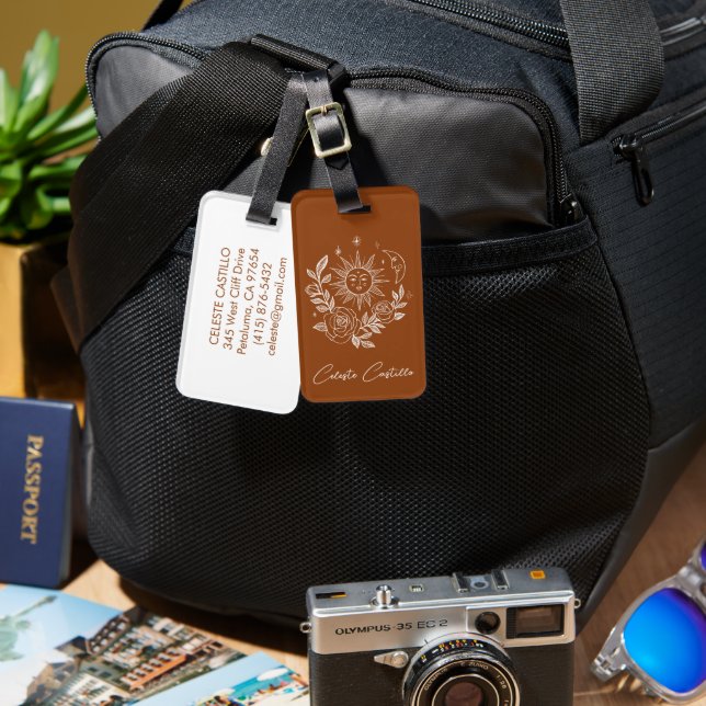 Sol Måne & Rosor Magisk Boho Jordnära Personlig Bagagebricka (Fram & Baksida)