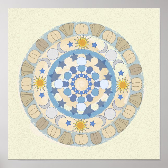 Sol Måne Stars Gult och Blue Mandala Print Poster (Framsidan)