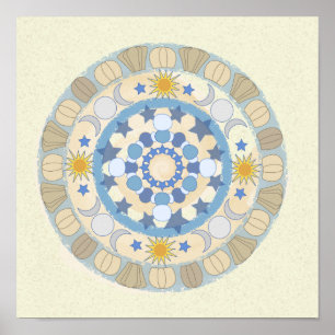 Sol Måne Stars Gult och Blue Mandala Skriv ut Poster