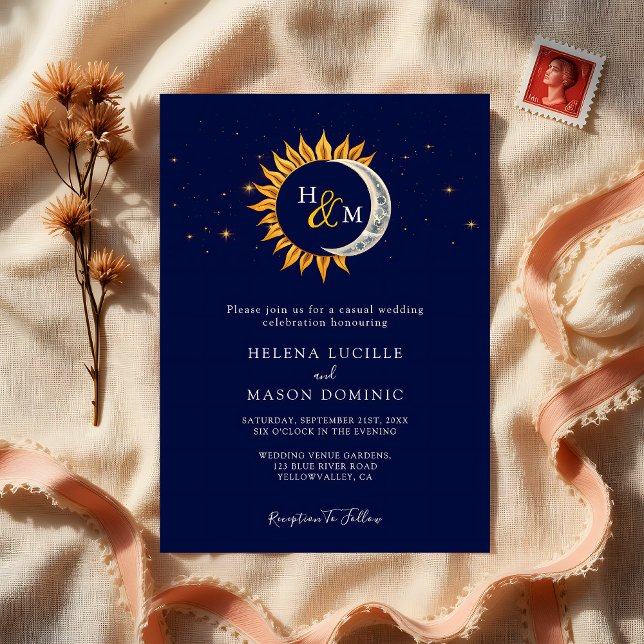 Sol Måne Stars Monogram marinblå Bröllop Inbjudningar (Skapare uppladdad)
