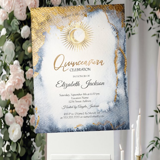 Sol,Måne,Stars Watercolor Guld Quinceanera Inbjudningar (Skapare uppladdad)