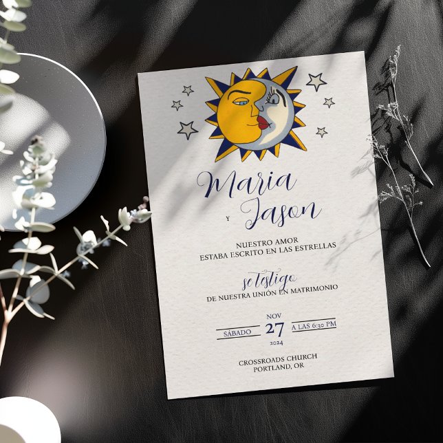Sol Måne Stjärnor Mystisk Celestial Spansk Bröllop Inbjudningar (Sun Moon Stars Mystical Celestial Spanish Wedding Invitation)