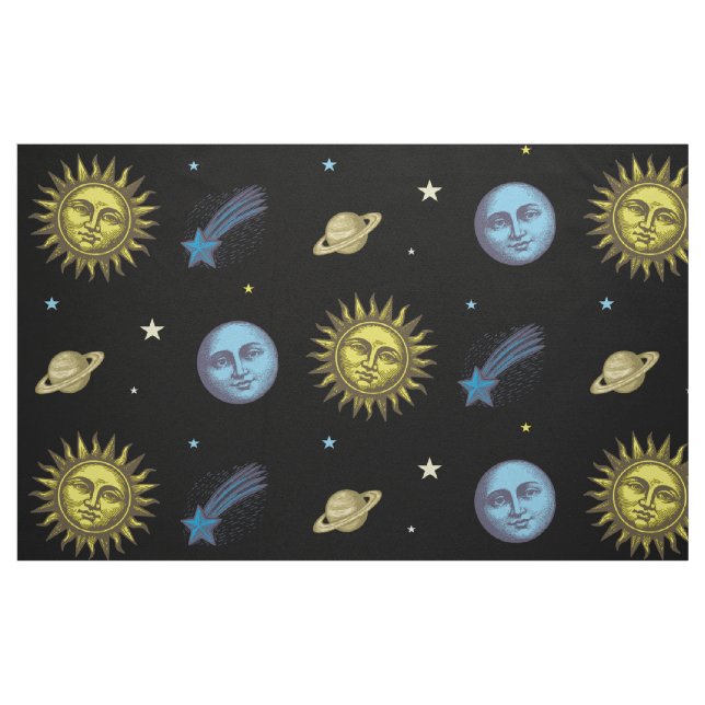 Sol Måne Stjärnor Retro Träsnitt Stil Himmelsk Kon Tyg (Fat Quarter)