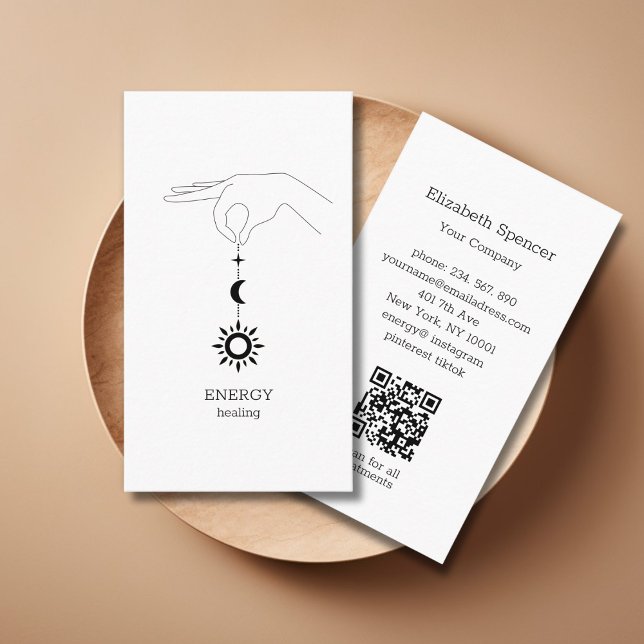 Sol Måne Vit QR-kod Visitenkort Visitkort (White Hand Sun Moon Illustration QR Code Business Card. Modern Whimsical. )