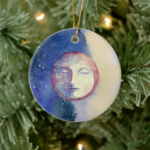 Sol Måne Watercolor Cute Vintage Witchy Celestial Julgransprydnad Keramik