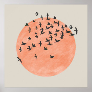Sol med Flock av fåglar Poster