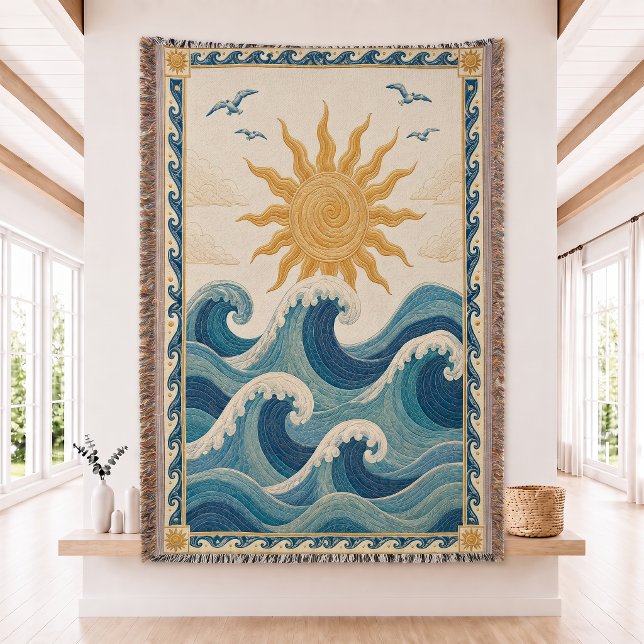 Sol Ocean Våg Vävd Kastfilt Filt (Skapare uppladdad)