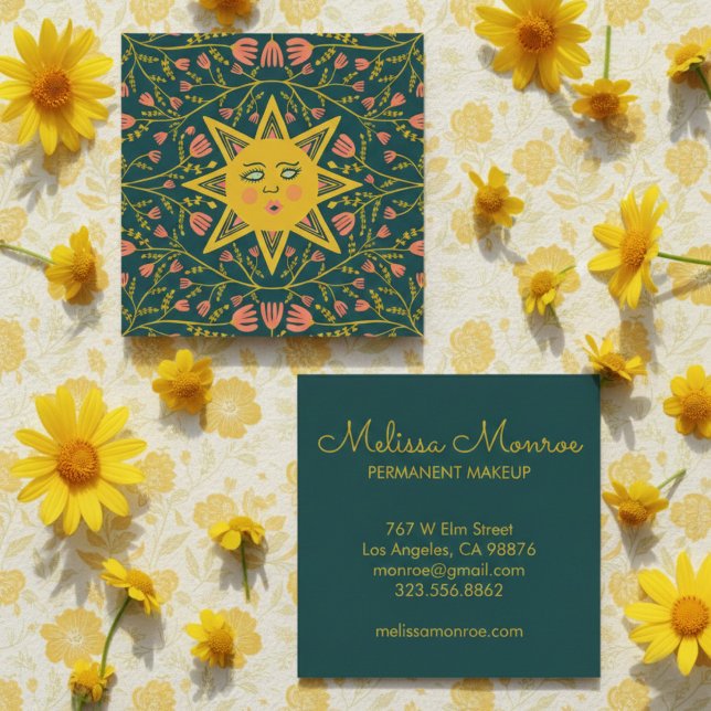 Sol och Blommar Vines Elegant Boho Fyrkantigt Visitkort (Sun & Flowering Vines Elegant Boho Square Business Card
)