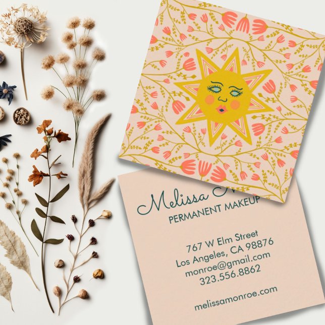 Sol och Blommar Vines Elegant Boho Sandy Fyrkantigt Visitkort (Colorful sun and flowering vines illustration custom business cards)