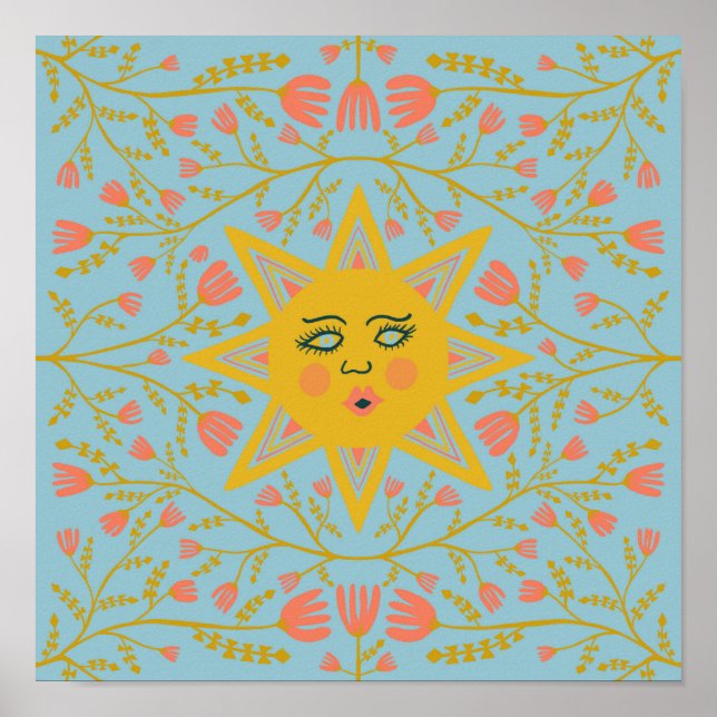 Sol och Blommar Vines Mönster Blue Poster (Framsidan)
