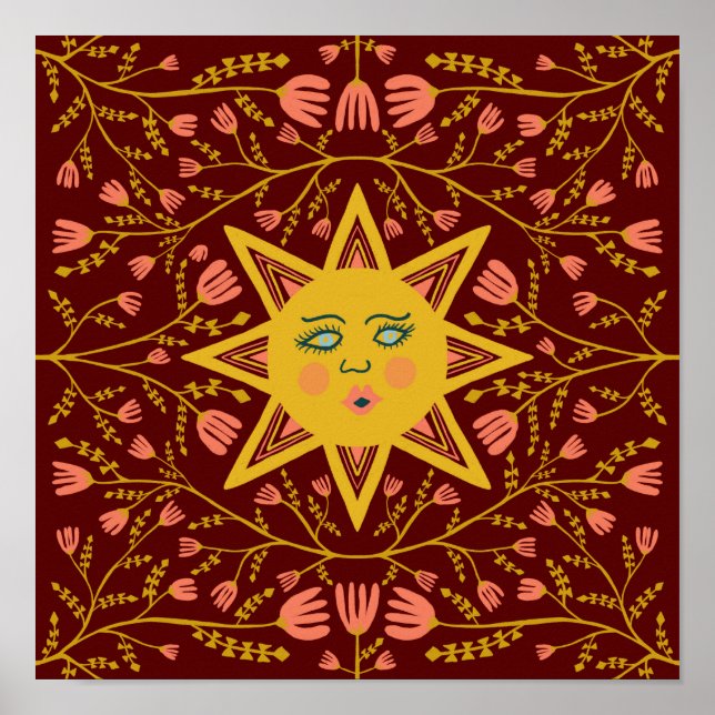 Sol och Blommar Vines Mönster Boho Burgundy Poster (Framsidan)