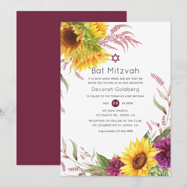 Sol och burgunderplommon blomsterlig Bat Mitzvah Inbjudningar (Fram/baksida)