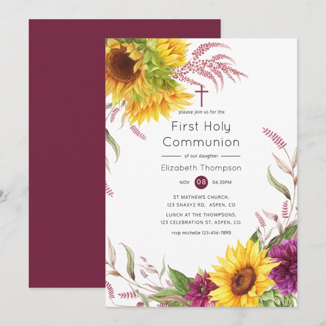 Sol och burgunderplommon blomsterlig helig kommuni inbjudningar (Fram/baksida)