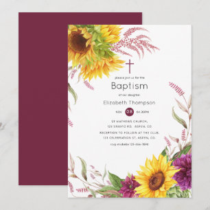 Sol och Burgundy Plum Blommigt Baptism Inbjudningar