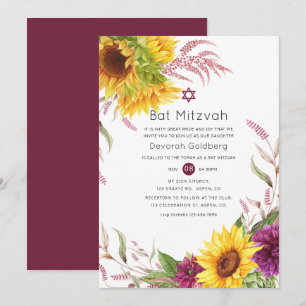 Sol och Burgundy Plum Blommigt Bat mitzvah Inbjudningar