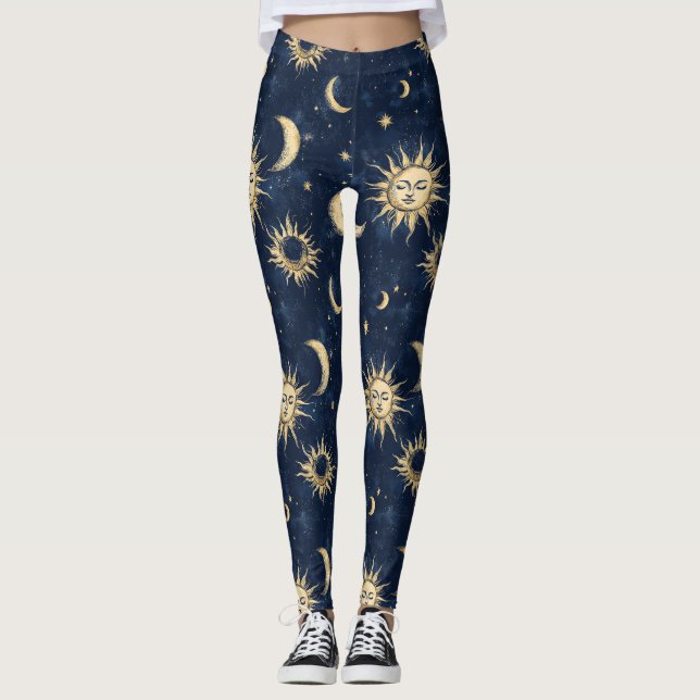Sol och Crescent Måne Design Mönster Leggings (Framsida)