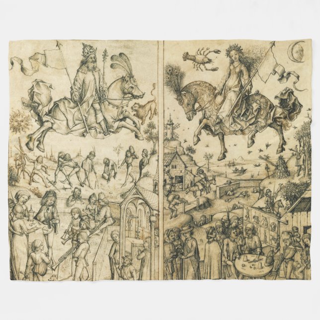 SOL och MÅNE Antique Black White Astrology Tecknin Fleecefilt (Framsidan (Horisontell))