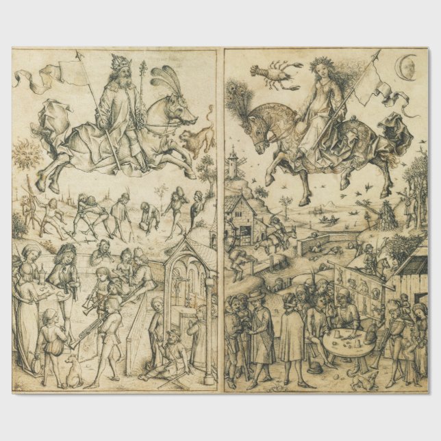 SOL och MÅNE Antique Black White Astrology Tecknin Presentpapper (Platt)