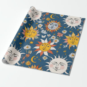 Sol och måne blommande i blåa och gula nyanser presentpapper