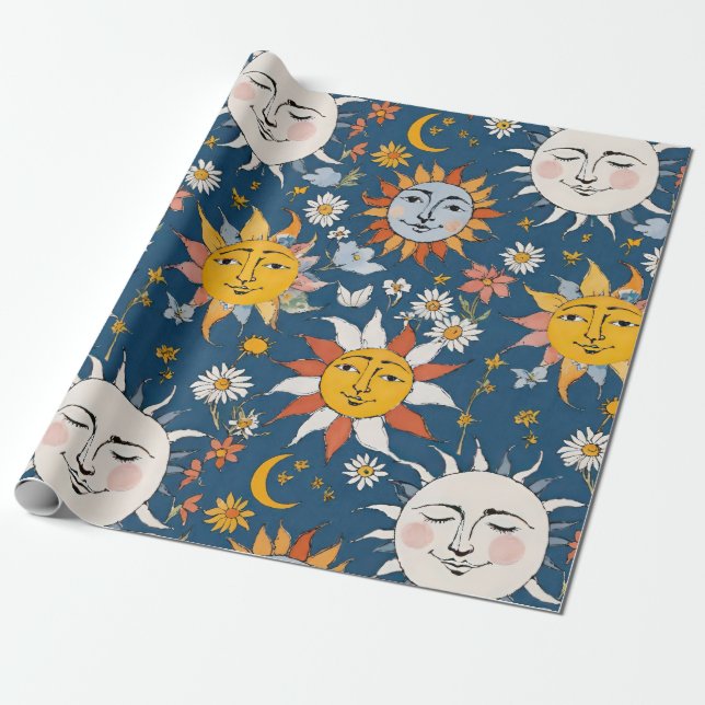 Sol och måne blommande i blåa och gula nyanser presentpapper (Utrullad)