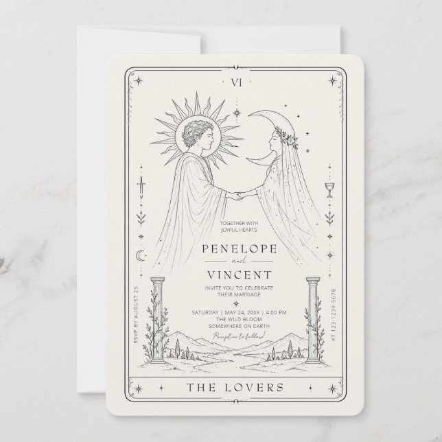 Sol och måne | Line Art Tarot Bröllopsinbjudan Inbjudningar (Framsida)