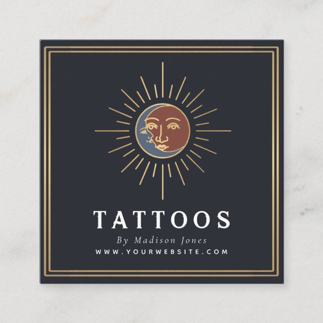 Sol och Måne Witchy Tattoo Artist Fyrkantigt Visitkort (Framsida)