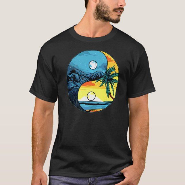 Sol och Måne Yin samt Yang Retro-beach-bergen Su T Shirt (Framsida)