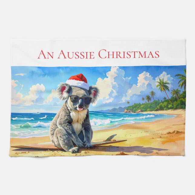 Sol och Surfa Koala Santa Hat An Aussie-jul Kökshandduk (Horisontell)