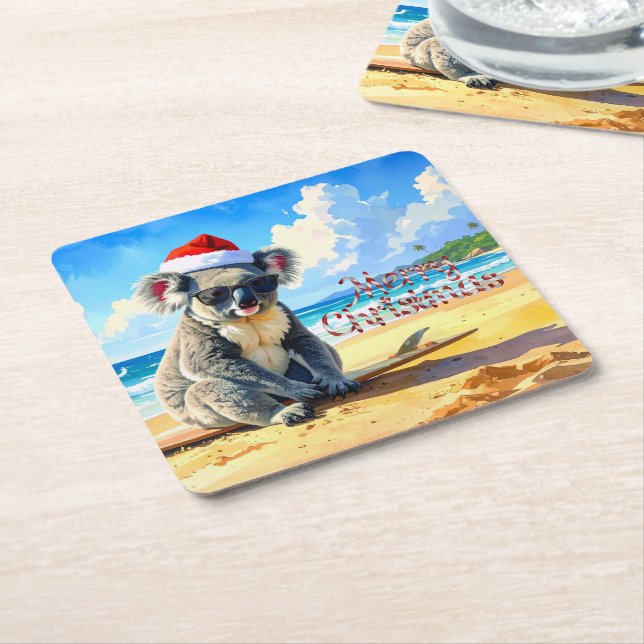 Sol och Surfa Koala Santa Hat Underlägg Papper Kvadrat (Vinklad)