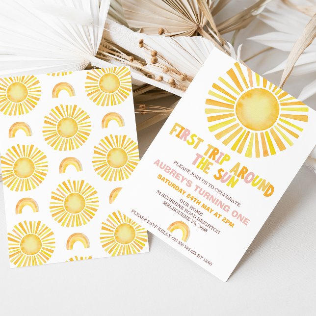 Sol Orange Första Resa runt Sol 1:a födelsedag Inbjudningar (Girls First Trip Around The Sun 1st Birthday Invitation Template, Sun Rainbow First Birthday Invite)
