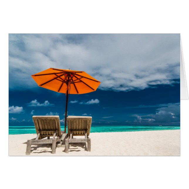 Sol Paraplla på Sandy Beach |Maldiverna Hälsningskort (Framsidan Horizontal)