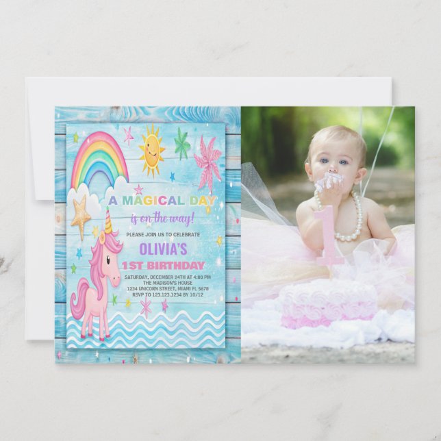 Sol Rainbow Unicorn Birthday-inbjudningar med foto Inbjudningar (Framsida)